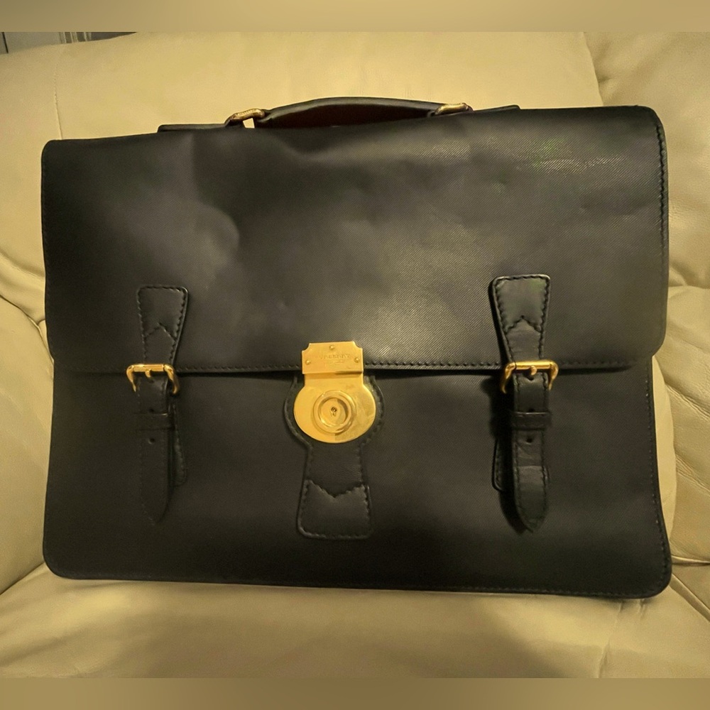 Burberry Black and Brown Leather Briefcase with Gold Hardware